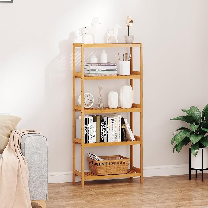 kinbor 5-Tier Bamboo Bathroon Shelf - Multifunctional Bamboo Rack Storage Shelving Rack Utility Shelf for Bathroom Kitchen Living Room