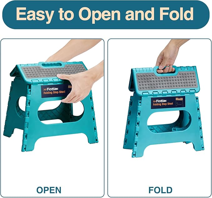 Flottian 11" Folding Step Stool for Adults and Kids Holds Up to 300 lbs,Non-Slip Folding Stools with Portable Handle, Compact Plastic Foldable Step Stool for Bathroom,Bedroom, Kitchen Ocean Blue,1PC
