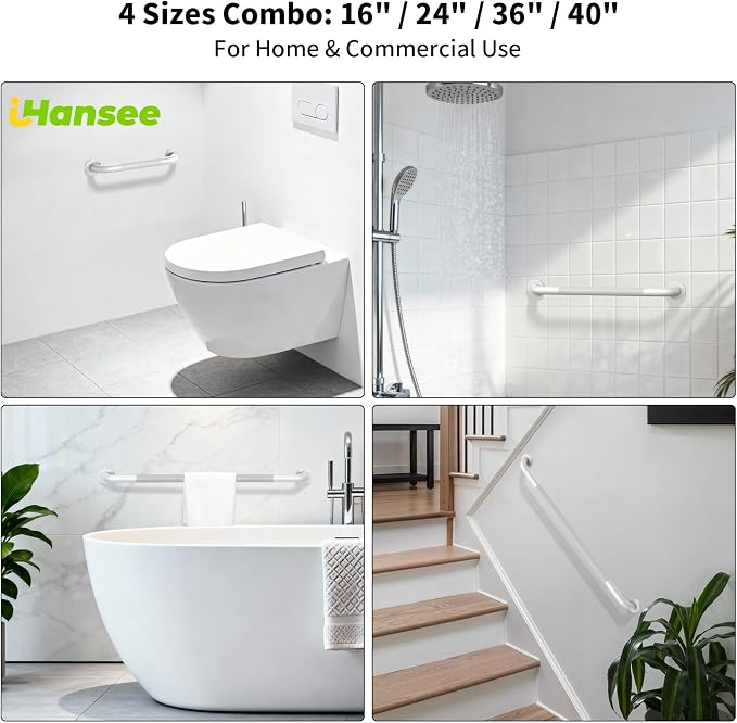 4 Pack Commercial Grab Bar Bundle - 16", 24", 36", 40“ - 1.25” Diameter, White Bathroom Grab Bar w/Anti-Slip Knurled Grip, Stainless Steel Handicap Grab Bars, Safety Handrail for Shower Toilet