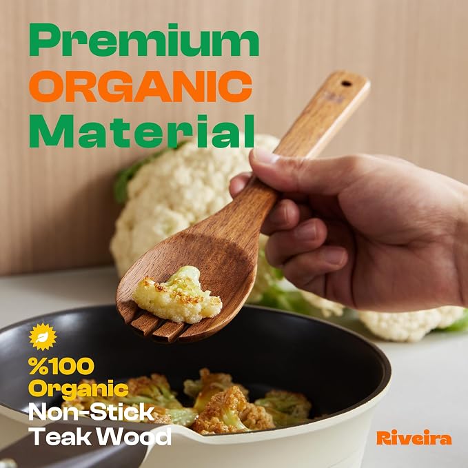 Riveira Teak Wooden Spoons for Cooking Set of 6 – Natural Teak Wooden Cooking Utensils, Wooden Spatula, Wooden Spoon - Premium Quality Utensil Set for Non-Toxic Cooking