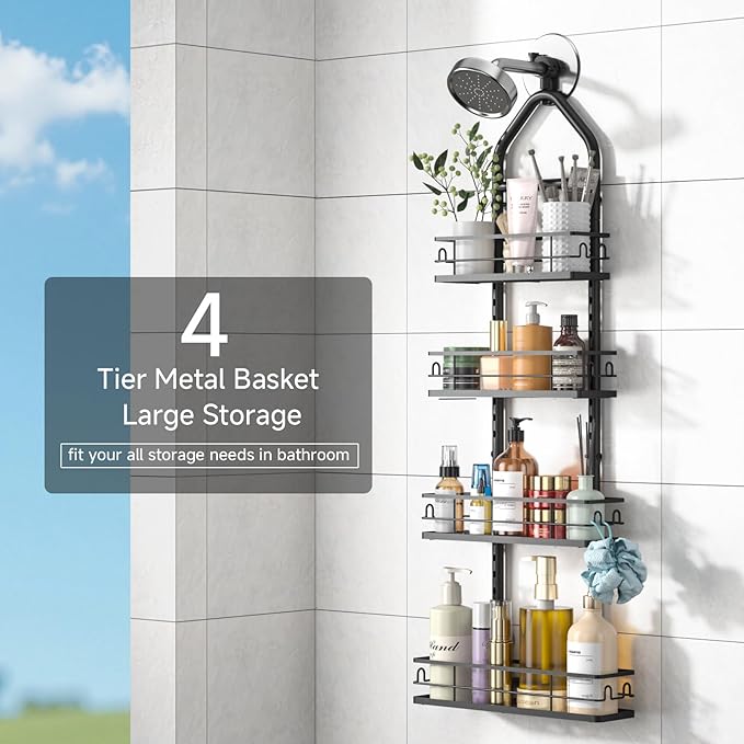 Shower Caddy Hanging Rustproof, 4 Tier Adjustable Hanging Shower Caddy Over Showerhead, No Drilling Handing Shower Racks for Bathroom Shampoo Soap Storage