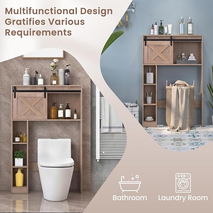 Giantex Over The Toilet Storage Cabinet - Freestanding Bathroom Organizer with Sliding Barn Door & Storage Shelves, Multifunctional Bathroom Toilet Rack for Bathroom, Restroom, Laundry (Rustic Brown)