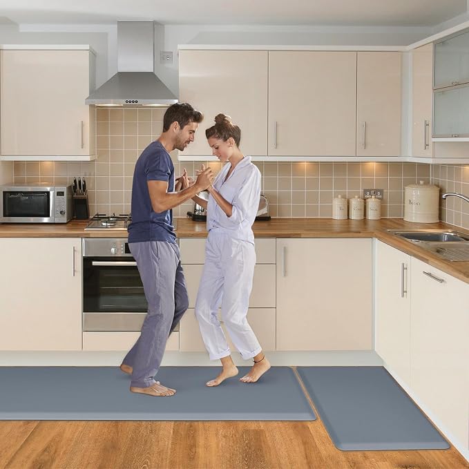 HappyTrends 2 PCS Kitchen Mat Cushioned Anti-Fatigue Floor Mat, Heavy Duty Ergonomic Comfort Foam Standing Mat, Waterproof Non-Slip Kitchen Rugs for Home, Office(20"x30"+20"x60",Grey)