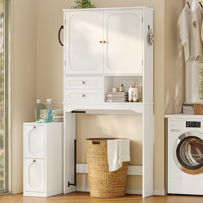 Over the Toilet Storage Cabinet with Mobile Bathroom Storage Cabinet & 3 Adjustable Shelves, Bathroom Storage Cabinet Over Toilet with 4 Section Drawers for Bathroom and Laundry Room, White