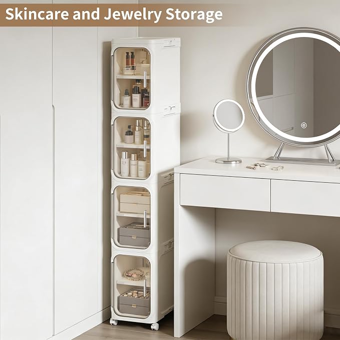 LXLXXL Narrow Storage Cabinet Slim Bathroom Storage Cabinet with Movable Wheels Tall Bathroom Organizer Skinny Cabinet for Small Spaces，2-Tier Beige