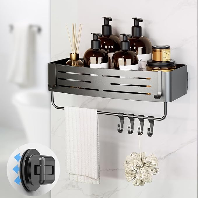 Onemake Suction Cup Shower Caddy, No Drilling Bathroom Organizer Shelf, Strong Vacuum Suction Holds Up to 22 lbs, Removable Shower Shelf for Tile Glass, Kitchen & Bathroom Storage Basket