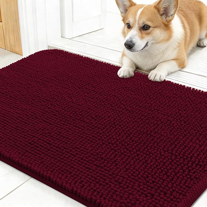 OLANLY Dog Door Mat for Muddy Paws 30x17, Absorbs Moisture and Dirt, Absorbent Non-Slip Washable Doormat, Quick Dry Chenille Mud Mat for Dogs, Entry Indoor Entryway Carpet for Inside Floor, Burgundy