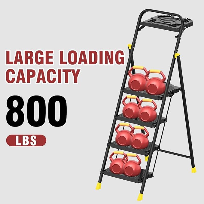 4 Step Foldable Step Ladder with Roomy Tool Tray, Platform Ladders Stepstools, Step Stool 4 Step Folding with Wide Non-Slip Pedals and 800lbs Bearing Capacity for Adults, Home, Kitchen, Black Yellow
