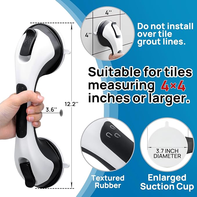 LEVERLOC Grab Bars for Bathtubs and Showers 2 Pack Suction Grab Bar, Heavy Duty 12 Inch Shower Handle Removable Handrails for Seniors and Elderly, Bathroom Safety Grip No Drilling Waterproof Black