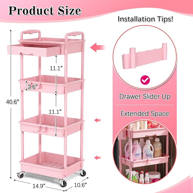 SUNALLY 4 Tier Rolling Utility Cart with Drawer, Storage Organizer Cart with 2 Lockable Wheels, Multifunctional Rolling Storage Cart for Bathroom, Kitchen, Craft, Makeup, Baby Essentials, Pink