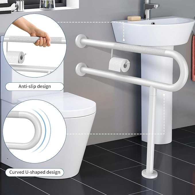 Toilet Grab Bar with Leg 31.5x28 Inch, ZUEXT White Knurled Toilet Support Bar with Toilet Paper Holder,Stainless Steel Wall & Floor Mounted Bathroom Support Rail for Seniors Elderly Disabled Pregnant