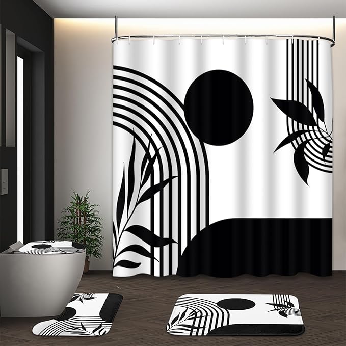 Boho Mid Century Shower Curtain Set with Toilet Lid Cover and Non-Slip Rugs, Abstract Geometric Black White 4 Pcs Modern Minimalist Vintage Shower Curtain for Bathroom Set with 12 Hooks