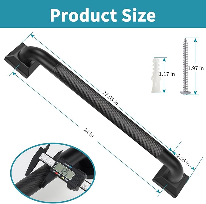 Shower Grab Bars for Seniors, 24 Inch Square Matte Black Bathroom Handle for Wall, Stainless Steel Anti Slip Bathtub Safety Bar, ADA Compliant 500 LBS Hand Rail for Elderly, Handicap