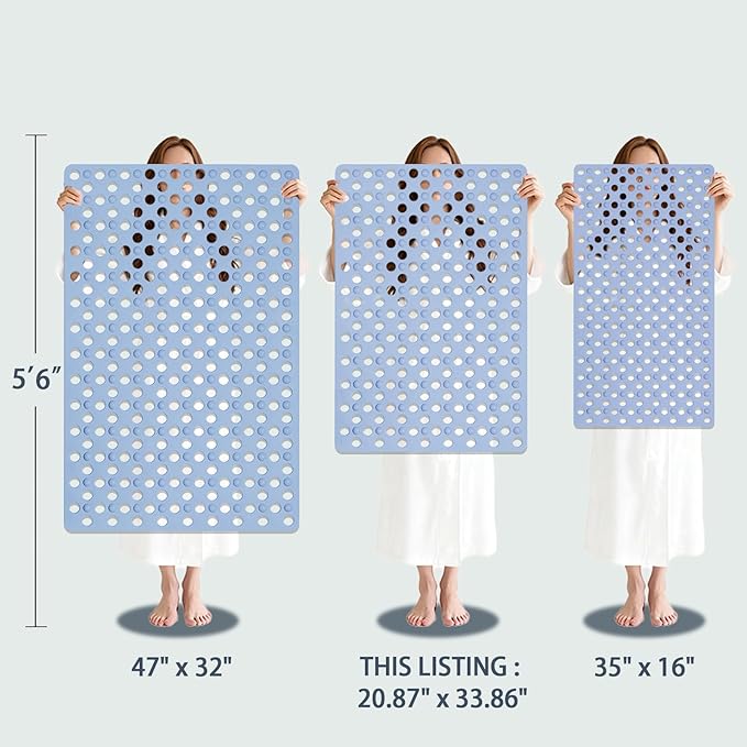 Tiamo Large Bathtub Mat 20.87" x 33.86",Non Slip Shower & Tub Mat for Elderly & Pregnant Women,Big Suction Cups,Quick Drain,Soft & Durable,Blue