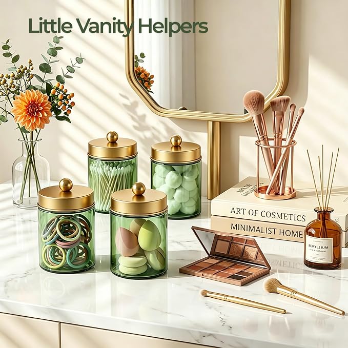 Amolliar 4 Pack Apothecary Jars Bathroom Vanity Storage Organizer Set -Countertop Canister with Stainless Steel Lids &Stickers Qtip Dispenser Holder for Cotton Swab (Green-golden Lid)