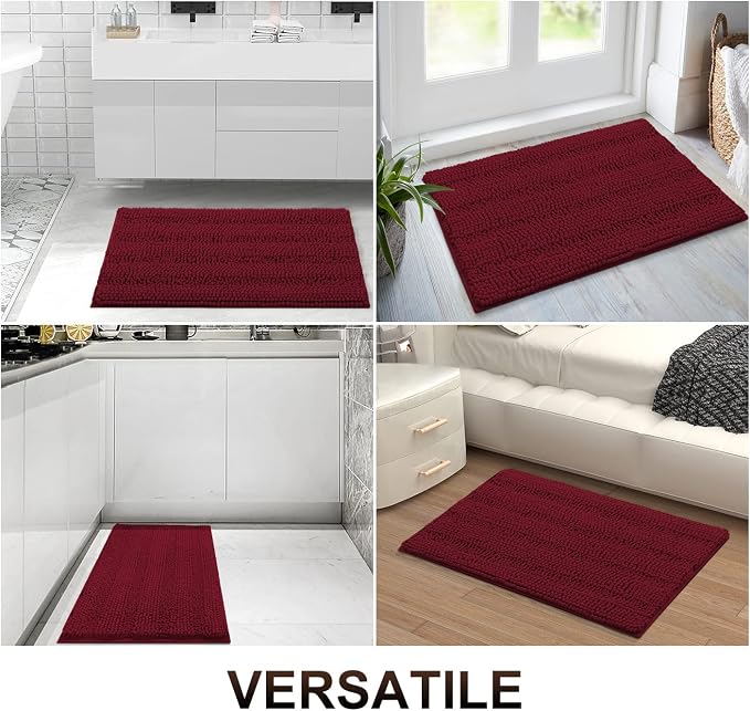 Grandaily Chenille Striped Bathroom Rugs 59x35, Extra Thick and Absorbent Bath Mats, Non-Slip Soft Plush Shaggy Shower Carpet, Machine Wash Dry, Bath Rug for Bathroom, Burgundy