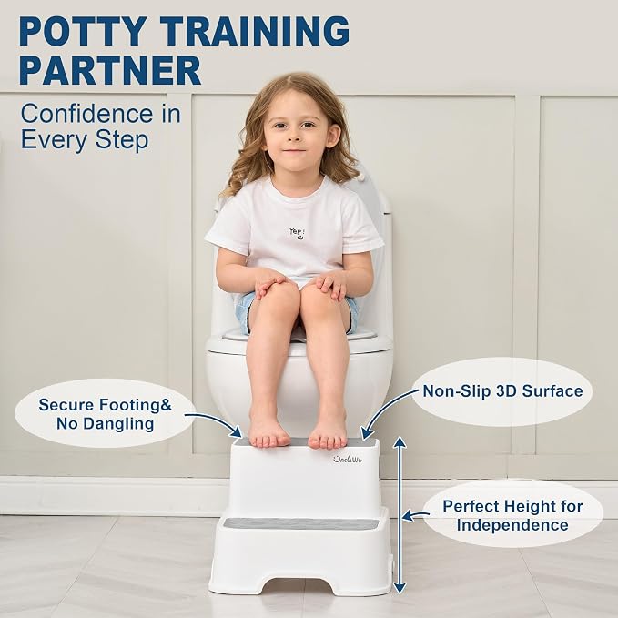 2-Pack Step Stool for Kids – Non-Slip Toddler Step Stool for Bathroom Sink & Potty Training – Heavy Duty 200 lbs, Includes Faucet Extender & Duck Bath Toys (Gray White)