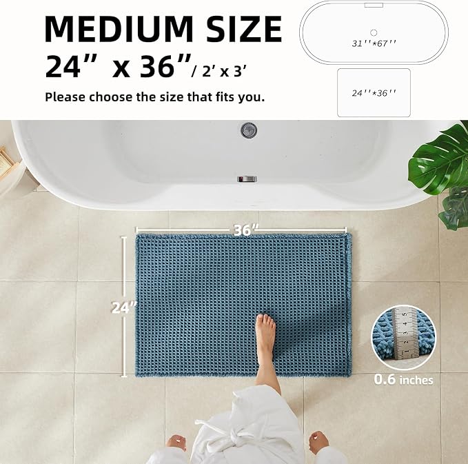TYUU Waffle Bath Mat, Boho Bathroom Rugs Non Slip Washable Super Absorbent Quick Dry Bath Mat Farmhouse Bathroom Decor, 36"x24" Denim Blue