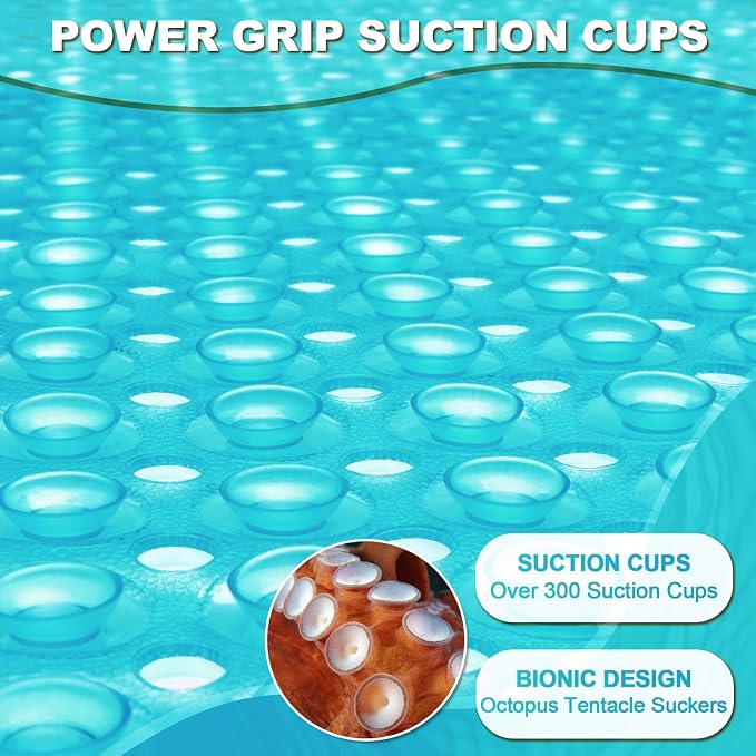 Bathtub and Shower Mats, 40x16 Inch Extra Large Non Slip Soft Bath Tub Mat with Suction Cups and Drain Holes for Bathroom Floor and Keep Tubs Clean, Machine Washable, Clear Turquoise