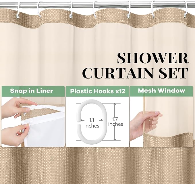 Dynamene Fabric Shower Curtain with Snap in Liner, Beige Waffle Hotel Shower Curtains for Bathroom, Washable Waterproof Cloth Shower Curtain Liner Set with Plastic Hook, Mesh Top Window, 72x72, Beige