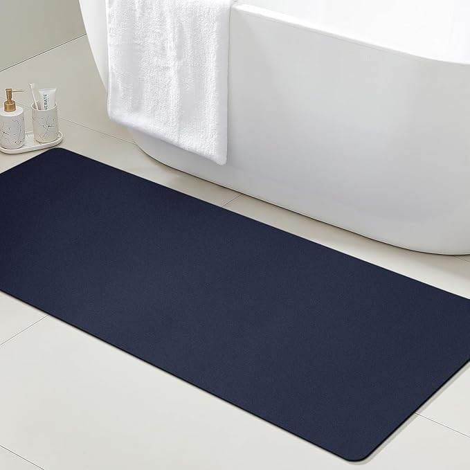 ACCUMTEK Non Slip Bath Mat, Thin Bathroom Rugs Fit Under Door, Quick Dry Bath Mats, Machine Washable Bath Rugs for Bathroom, Bathtub & Kitchen, Bathtub, Dark Blue/Solid/59 x20