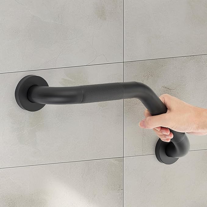 Grab Bars for Bathtubs and Showers- 1-1/4 x 16 Angled Shower Grab Bar for Seniors Knurled Stainless Steel Handicap Grab Bars for Wall (Black, 1 Pack)