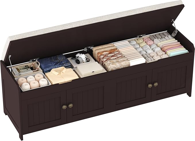 HOMEFORT 54.4" Shoe Bench with Lift Top Storage, Entryway Bench with Cushioned Seat, Wooden End of Bed Bench, Shoe Cabinet Bench with Hidden Storage Space, for Bedroom, Hallway,Espresso