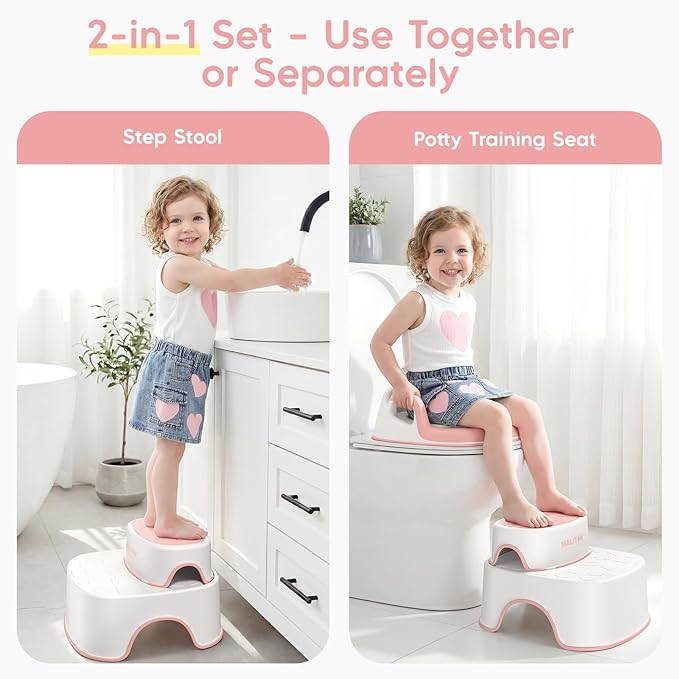 Potty Training Seat with Step Stools, Maliton Potty Training Toilet for Toddlers Girls with Splash Guard, Anti-Slip Toddler Stool for Bathroom, One Potty Seat and 2 in 1 Step Stool for Kids (Pink)