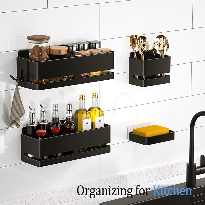 Bathroom Shower Caddy (5-piece Set), wall-Mounted Shelf with soap Dish and Toothbrush Holder, no Drilling Required, Ideal for Bathroom Storage and Also Suitable for Kitchen (Black)