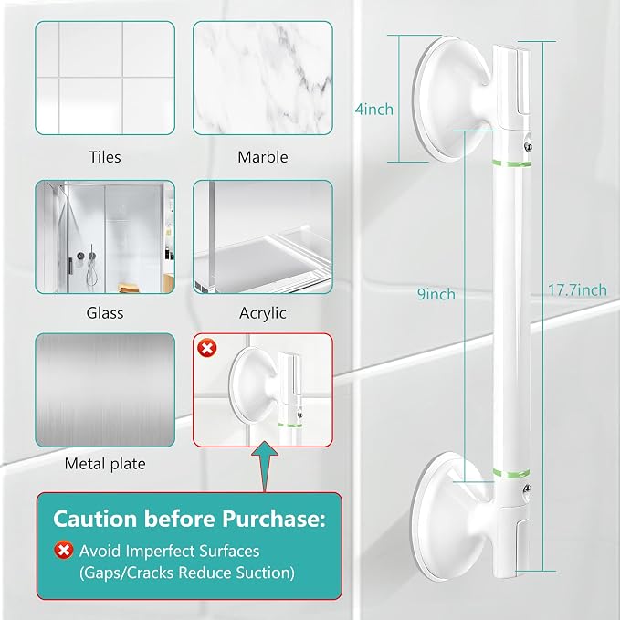 Suction Grab Bars for Shower 2Packs - 17.7" No Drill Safety Shower Handle for Seniors, Elderly & Post-Surgery, Non-Slip Bathroom Assist Bar with Strong Suction, Bath Accessory