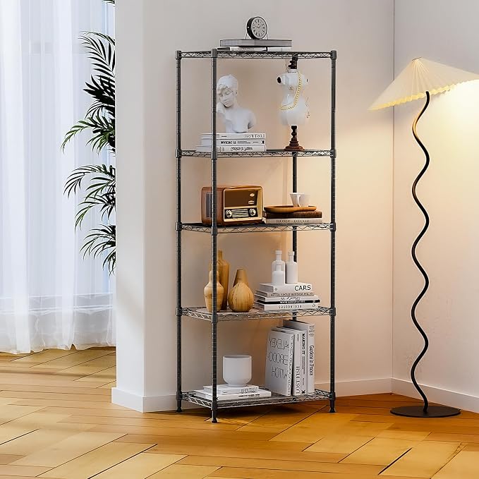 IZEUK 5-Tier Black Metal Storage Shelves, Adjustable Wire Shelving Unit for Kitchen, Bathroom, Pantry, Office, Garage, Organizer Wire Rack, 1250 lbs, 13.7" D x 23.6" W x 63" H