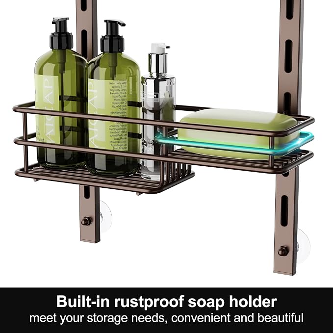 Orimade Over the Door Shower Caddy Adjustable 5 Tier Bronze,Bathroom Hanging Organizer Shelf Rustproof with 4 Hooks,Shower Basket with Soap Holder and Suction Cup