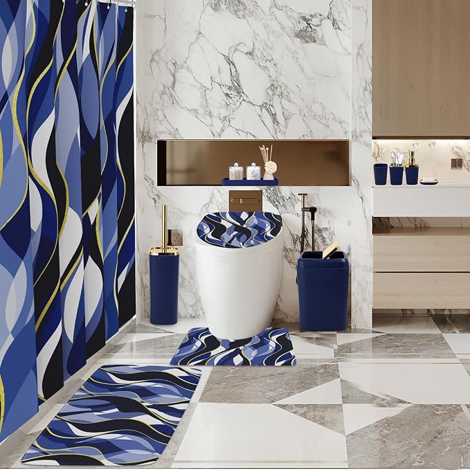 XLHOMO Bathroom Set - Blue and Gold Bathroom Accessories, Bathroom Sets with Shower Curtain and Rugs, Navy Blue Shower Curtain Set with Bathroom Trash Can, Soap Dispenser, Soap Dish for Home Decor