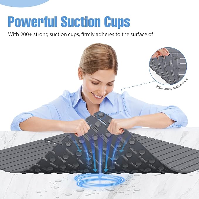 Shower Mat Non-Slip Bath Mat for Tub and Shower Stall,236 Suction Cups with Drain Holes, Quick Dry Machine Washable, Extra Grip for Stand Up Showers, Bathroom Essentials 24x24 Inch (Light Grey)