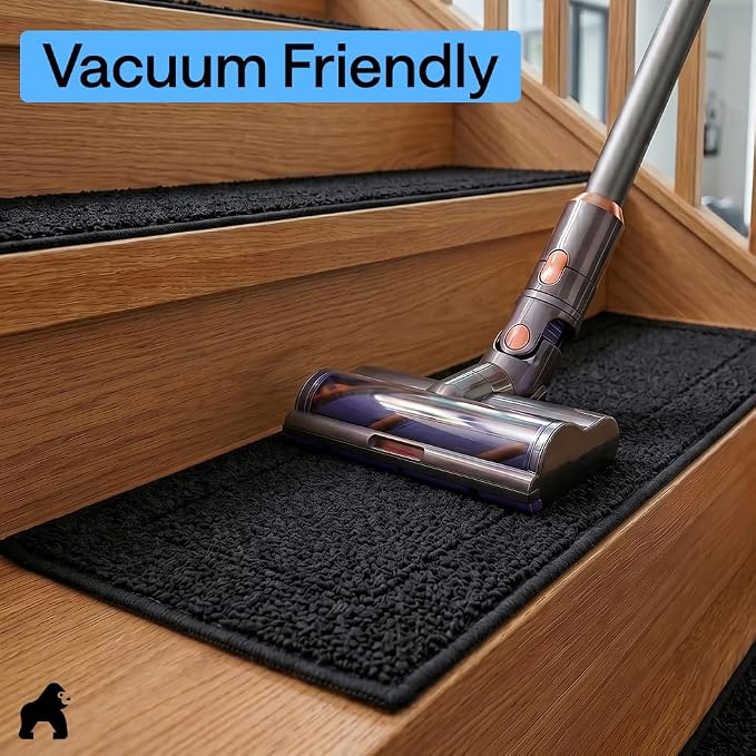GORILLA GRIP Peel and Stick Stair Treads for Wooden Steps, Multi-Surface Use, Machine Washable Carpet Runners, Indoor Rugs for Stairs, Pet Friendly, Universal Size, 4 Pack Black, 8x28 Inches