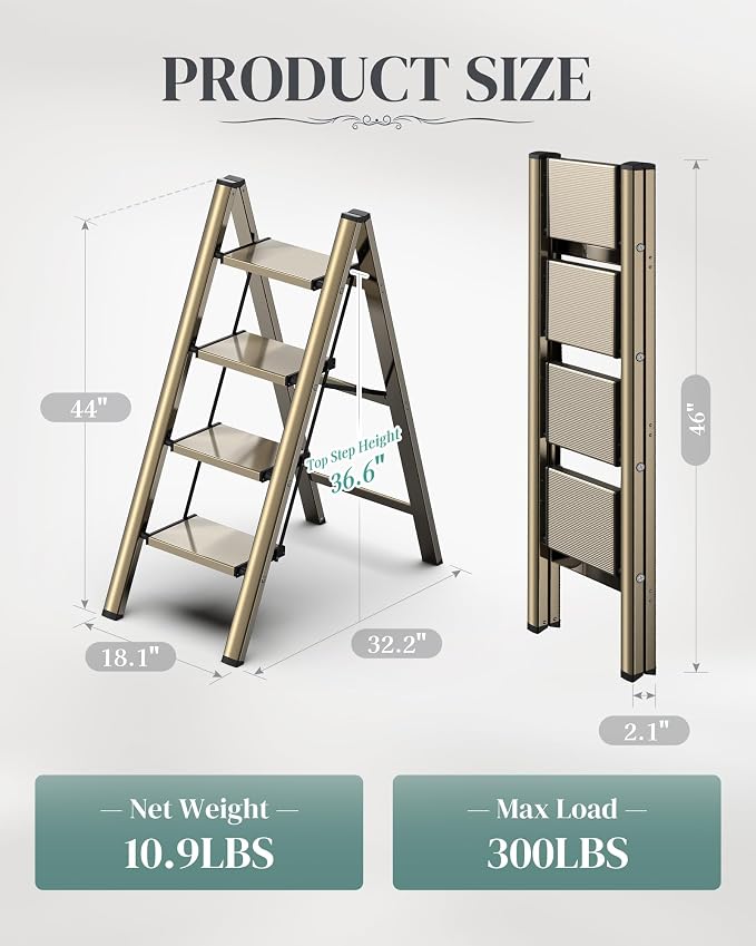 4 Step Ladder, Folding Step Stool with Wider Pedal, Anti-Slip Feet & Non Slip Stripes, Aluminum Sturdy Material, 300Lbs Capacity, Elegant Look of Champagne Gold Better Matches Your Home