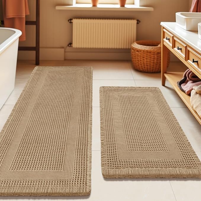 Upgrade Waffle Bath Mat Set 2 Piece , Boho Bathroom Rugs Absorbent Non Slip, Ultra Soft Bathroom Mat, Machine Washable Knit Bath Rugs with Tassels for Bathroom, Bedroom, Kitchen, Shower, Tub, Beige
