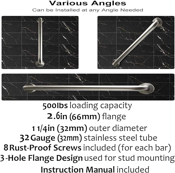 Brushed Nickel Shower Grab Bar 16 Inch - 1 1/4" Diameter, iMomwee 2 Pack Stainless Steel Safety Assist Handle, Wall Mounted Bathroom Mobility Aid Balance Support Hand Rail for Handicap Elderly Senior
