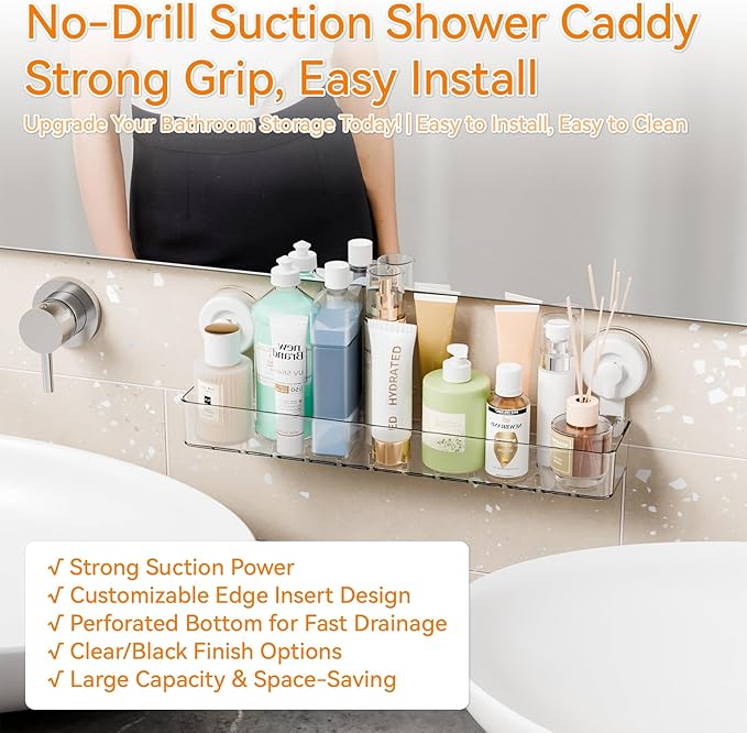 Clear 2 Pack Acrylic Shower Caddy Suction Cup,No Rust Bathroom Organizers and Storage Holder,Plastic Wall Mounted Shower Shelves,Bathtub Storage Organizer,Shampoo and Conditioner Holder for Washroom