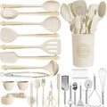 Kikcoin 43Pcs Large Kitchen Utensils Set - Silicone Cooking Utensils Set, Dishwasher Safe Spatula Set for Non-stick Cookware, 446°F Heat Resistant Kitchen Utensils Set with Holder BPA Free, Cream