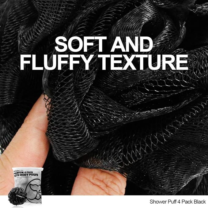 WhaleLife Loofah Bath Sponges - Black Gentle Exfoliating Shower Loofah for Rich Lather, Durable Mesh Body Scrubber for Men & Women 4 Pack