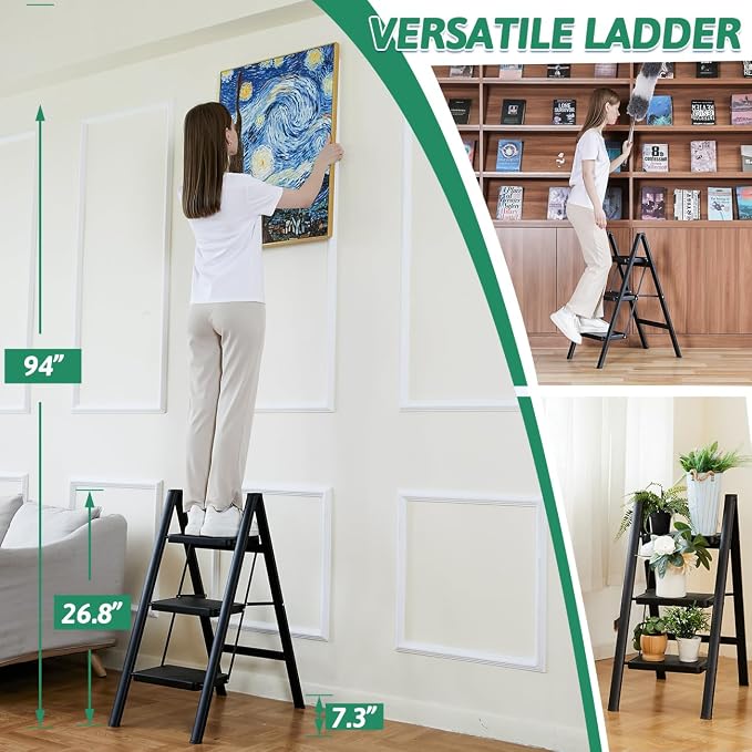 3-Step Folding Ladder, Heavy Duty Ladders for Home & Kitchen, Folding Ladder Easy to Store, Tall Ladder for Adults, Anti-Slip & Space-Saving Step Ladder, 330 Lbs Capacity