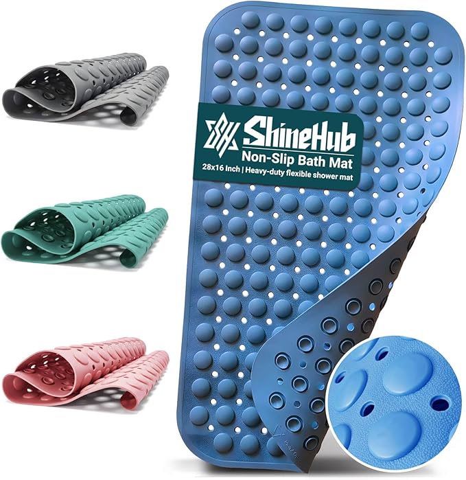 Non Slip TPE Bath Mat, Heavy Non Floating Shower Mat, 28x16, Blue | Strong grip, 166 suctions, 144 drains, 7mm extra-thick cushioned layer, washable, for bathroom shower tub floor