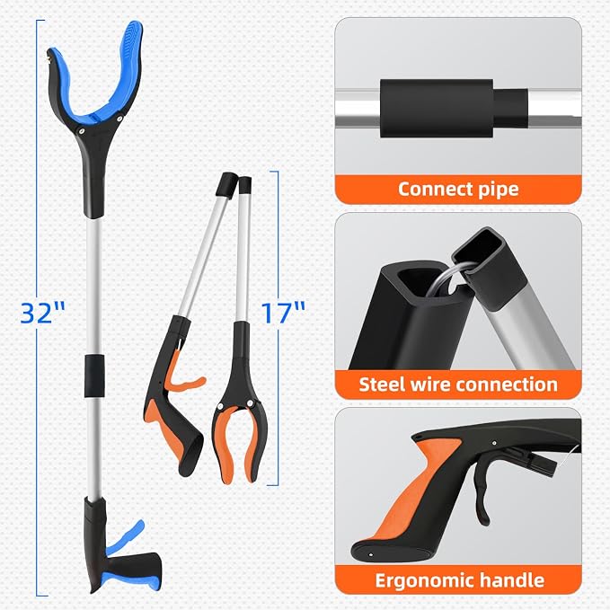 2-Pack 32"Grabber Reacher Tool,Foldable Reacher Grabber Pickup Tool with 360°Rotating Jaw & Magnetic Tip,GarbageTrash Picker Upper Grabber,Lightweight Grabbers for Seniors/Elderly(Orange/blue)