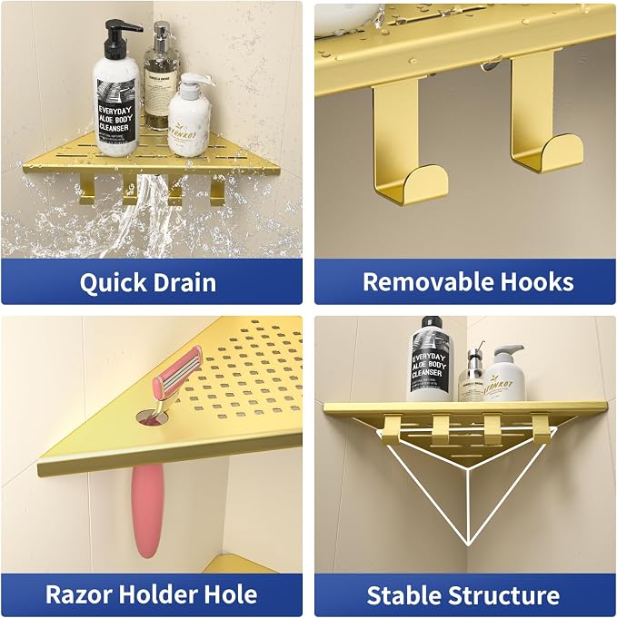 Corner Shower Shelf w/Hooks, Grout in Bathroom Shelves for Tiled Wall, 304 Stainless Steel Recessed Shower Shelf (Gold, 10''-2pcs)