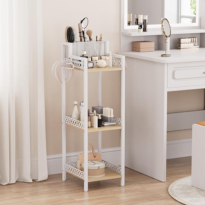Slim Bathroom Storage Shelf Unit, 3 Tier Corner Storage, Rustic Makeup Organizer, Space-Saving Floor Standing Storage Shelves for Bathroom, Vanity,Kitchen, Laundry 9.85in Matte White