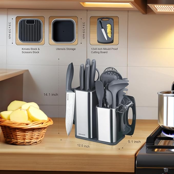 RAXCO Kitchen Set,18-Piece Cooking Utensils and Kitchen Knife Set,Gray | 7-Piece Kitchen Utensils Heat-resistant to 410°F,5-Piece Sharp Knife,5-Piece Cooking Tools and Cutting Board In One