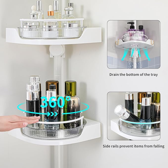 YCIA&DONE 360° Rotating Shower Caddy Tension Pole, 4 Tiers Corner Shower Organizer for Bathroom Shelf Bathtub, Adjustable Standing Shower Rack, Easily Assemble, 34-124 Inch Height, White