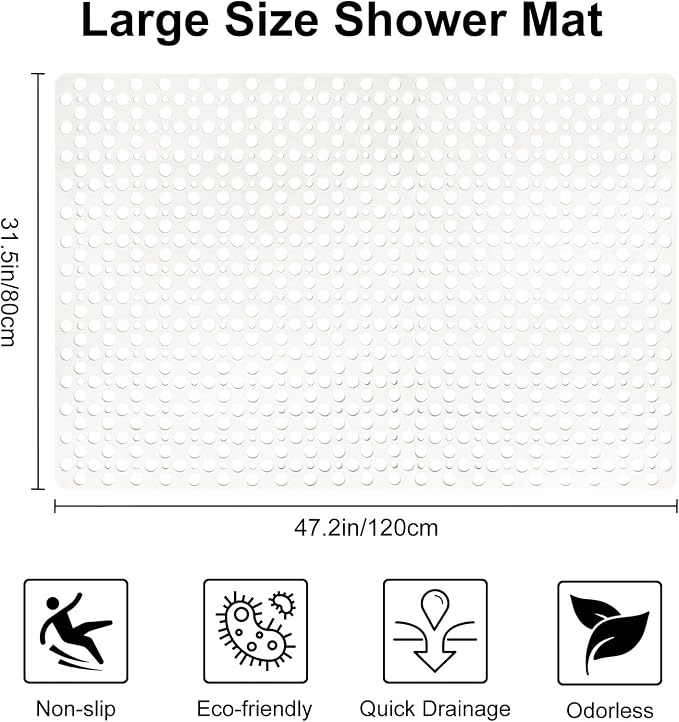Non Slip Shower Mat with Suction Cups, 31.5x47.2 Inch Quick Drain TPE Anti Slip Shower Mats for Inside Shower, Large Shower Stall Mat Soft on Feet, Easy to Dry&Cut Machine Washable