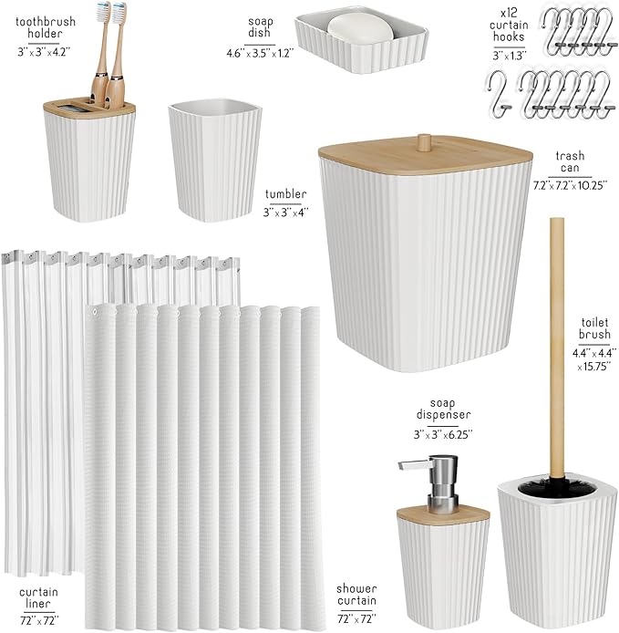 Clara Clark Bathroom Accessories Set - Bathroom Set, Bathroom Accessory Set, Shower Curtain Set, Toilet Brush, Trash Can & Soap Dispenser - White - 20PC